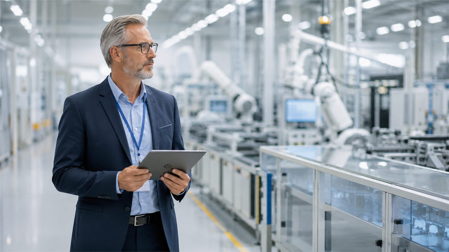 Profesional senior recorre una línea automatizada de manufactura avanzada