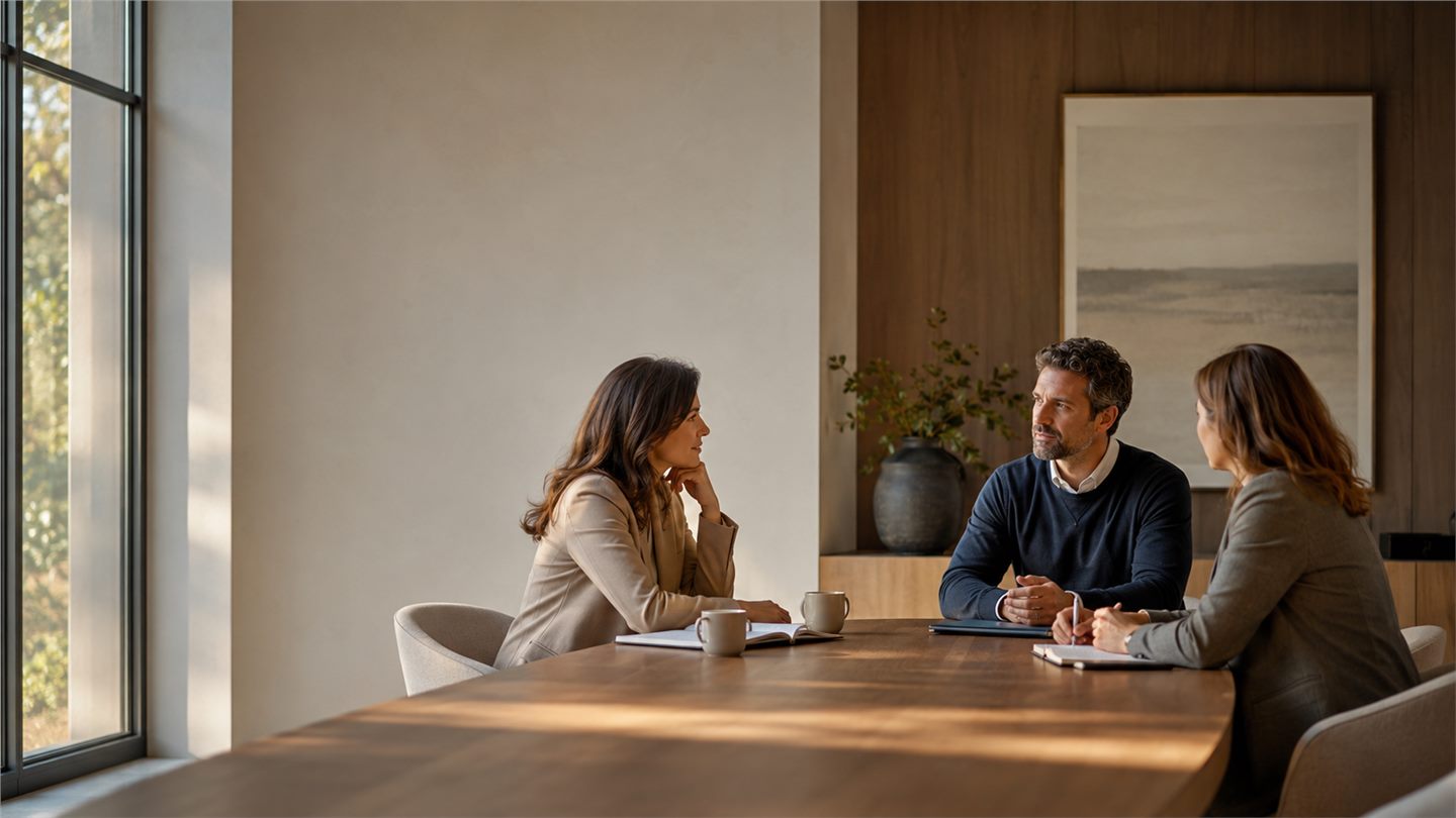 Conversación confidencial entre profesionales en una sala privada