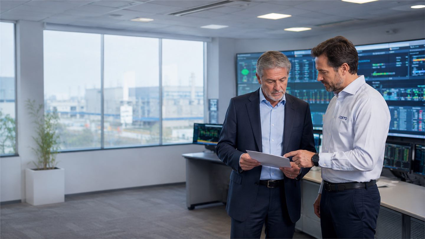 Dos profesionales revisan información en una sala de control industrial