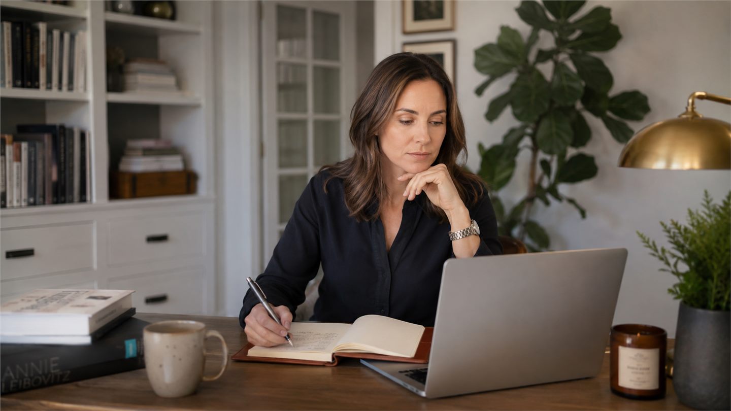 Profesional prepara una entrevista frente a una laptop desde casa