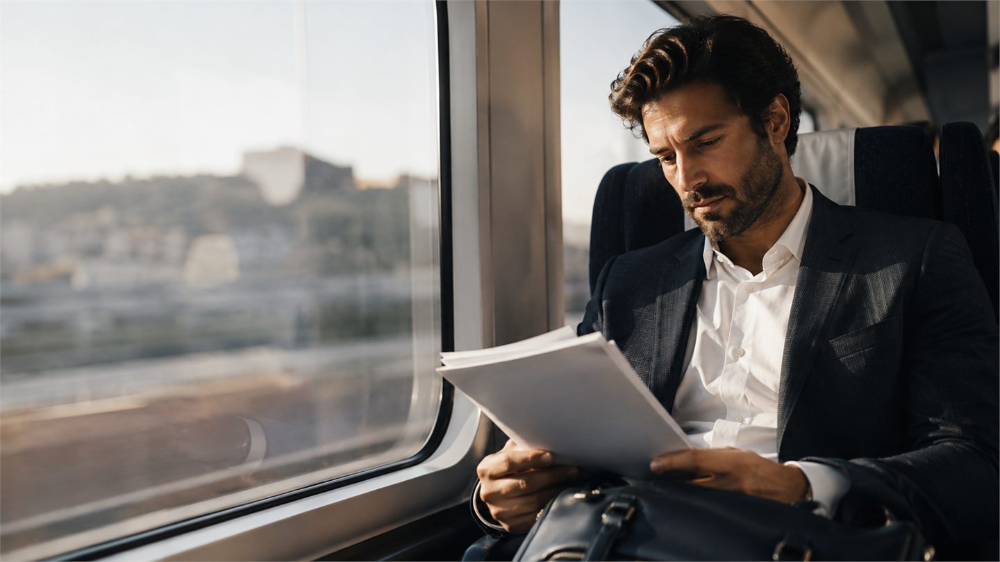 Profesional revisando documentos durante un trayecto de trabajo