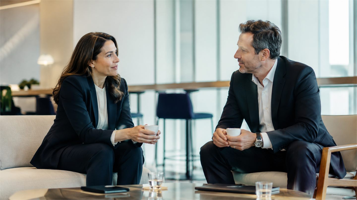 Dos profesionales conversando de forma confidencial durante una transición